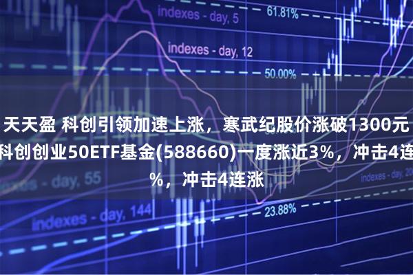 天天盈 科创引领加速上涨，寒武纪股价涨破1300元，科创创业50ETF基金(588660)一度涨近3%，冲击4连涨